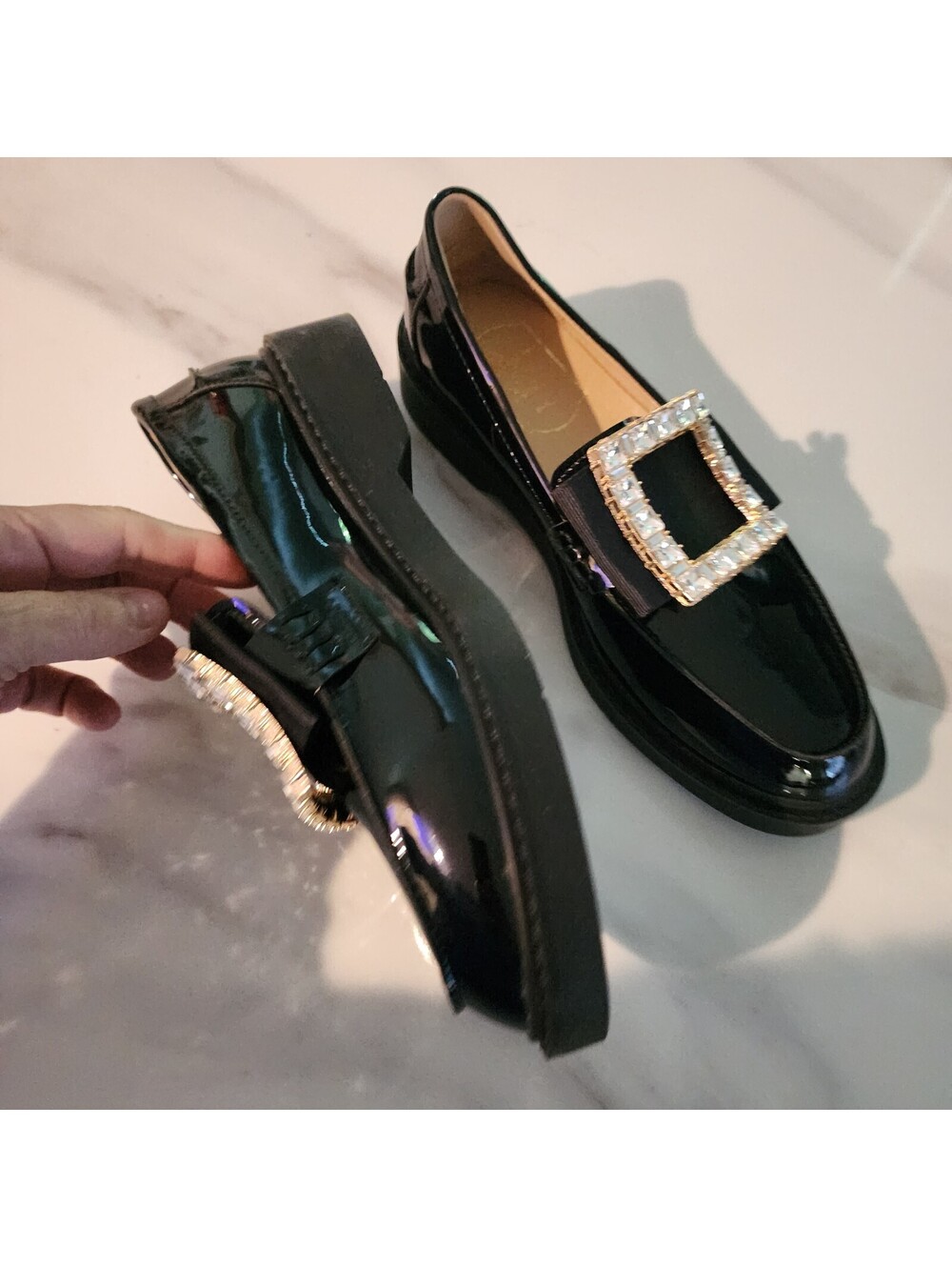 New Black Patent Crystal Buckle Loafers Women’s Fits Size 8 – Luxury-Inspired - Picture 3 of 12